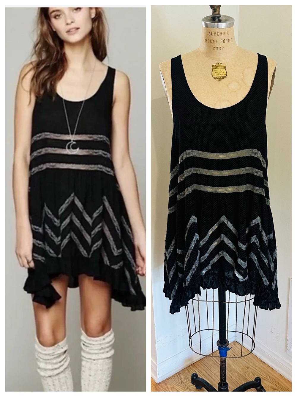 FREE PEOPLE Voile and Lace Trapeze Slip Dress Black w/ Polka Dot, Sz Med
